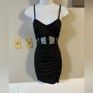 Black Mesh-Trim Bodycon Mini Dress